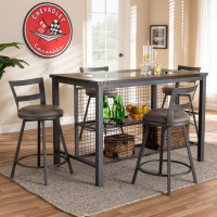 Baxton Studio C1866P-Walnut/Grey-5PC-Set Arjean Rustic and Industrial Grey Fabric Upholstered 5-Piece Pub Set